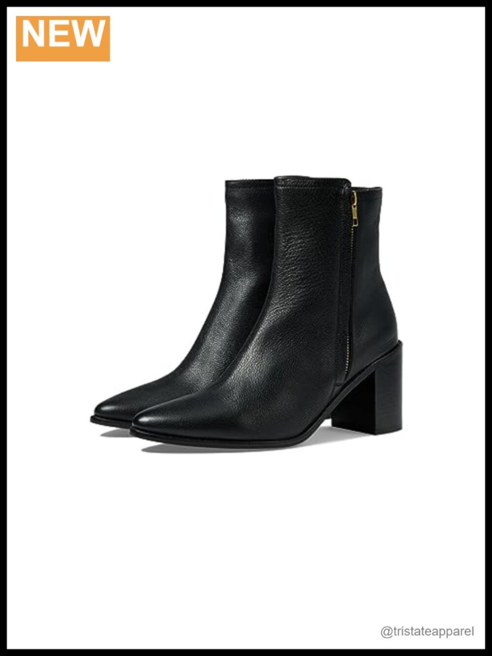 Leather Pointed Toe Ankle Bootie Block Heel Zip Closure